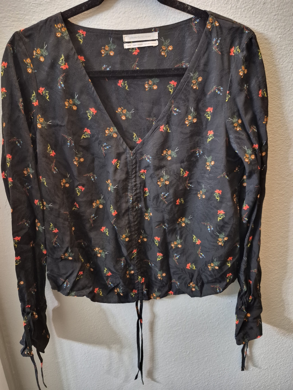 Urban Outfitters Black Floral V-Neck Drawstring Blouse